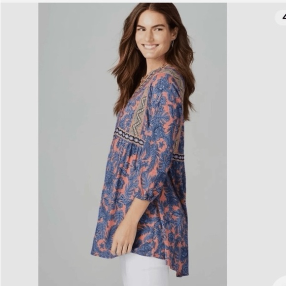 J. Jill Tops - J Jill Boho Tunic Blouse XL Garden Refresh Pink Blue Floral Embroidered Hippie